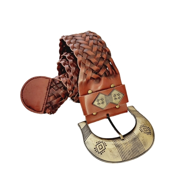 CAbi Accessories - Cabi | Brown Leather Southwestern Bohemian Brass Buckle Wide Woven Braided Belt